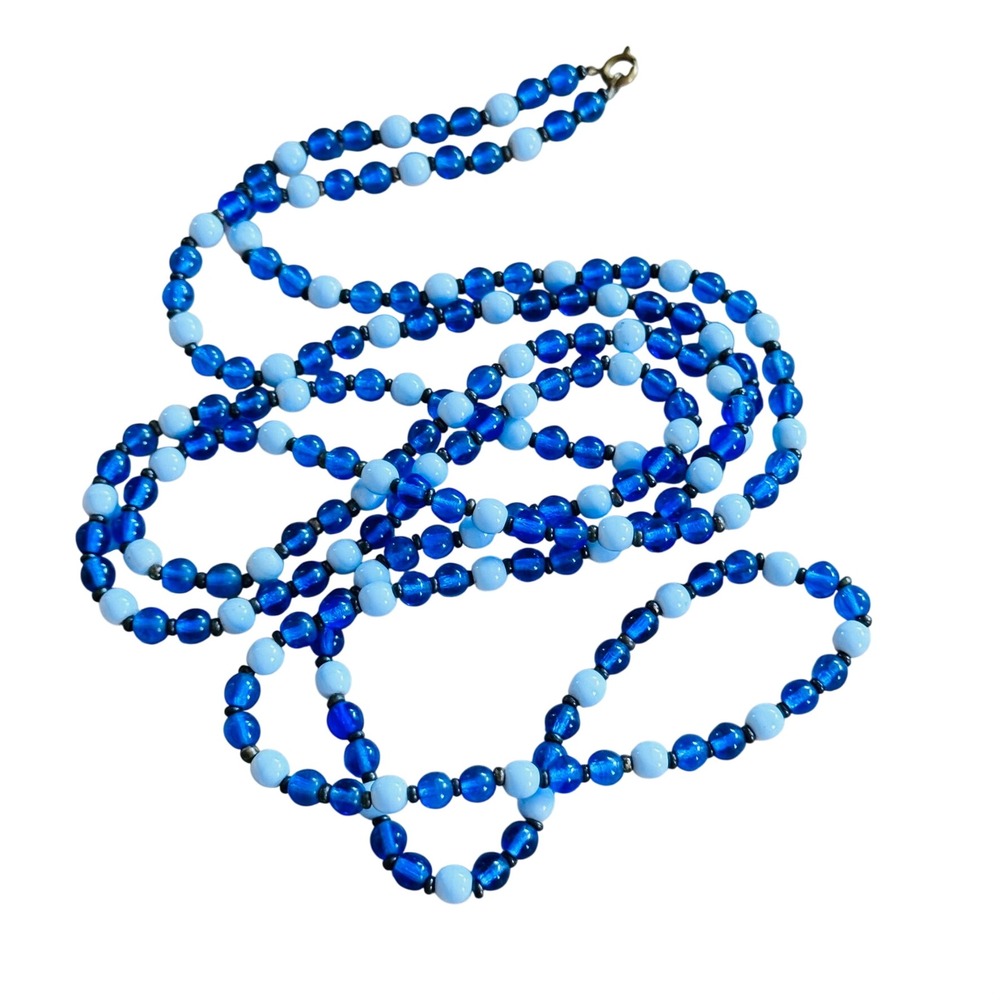 VTG Flapper Art Deco Czech Blue Glass Necklace Opera Long Beads Regal 55"